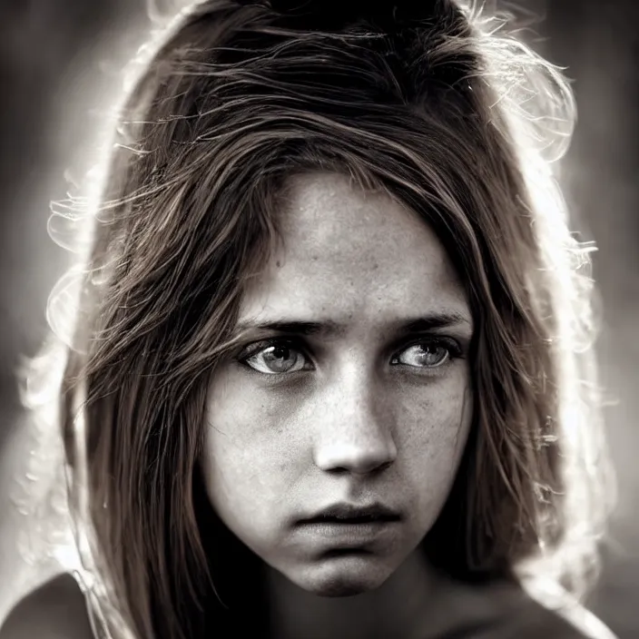 Prompt: dramatic photographic Close-up face of a extremely beautiful girl and light brown hair , high light on the left, Sharp focus, cinematic lighting ,non-illuminated backdrop, illuminated by a dramatic light, volumetric light, Low key lighting, light dark, High constrast, dramatic , Steve Mccurry, Lee Jeffries , Norman Rockwell, Craig Mulins ,dark background, high quality, photo-realistic, 8K,