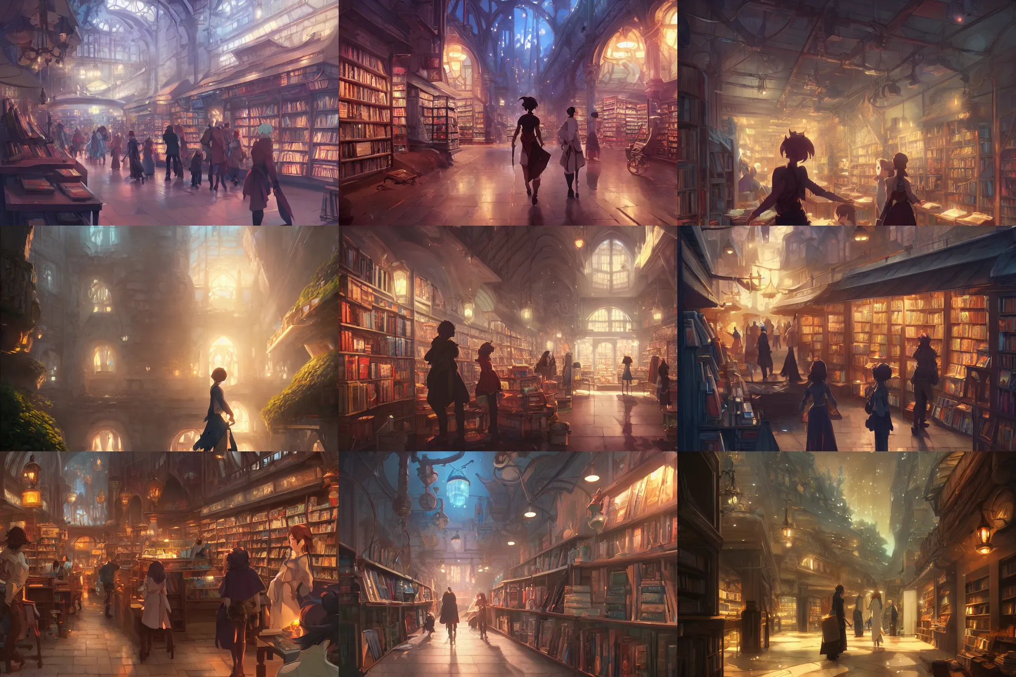 Prompt: fantasy bookstore, single subject, scenic full shot, ambient lighting, detailed face, by makoto shinkai, stanley artgerm lau, wlop, rossdraws