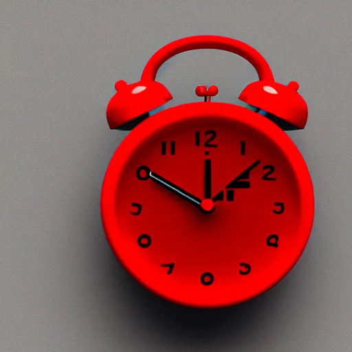 Image similar to Very tiny red alarm clock that looks like the iOS emoji and has the same colors, 3D clay render, 4k UHD, white background, isometric top down left view, diffuse lighting, zoomed out very far