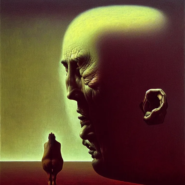 Image similar to a man looking at his mind pondering the absurdity of existence, by zdzisław beksinski and salvador dali, surreal, oil on canvas, hyper detailed, soft