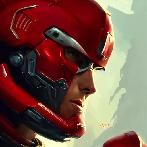 Image similar to handsome Chris Evans wearing a Red Power Armor, western, closeup, D&D, fantasy, intricate, elegant, highly detailed, digital painting, artstation, concept art, matte, sharp focus, illustration, art by Artgerm and Greg Rutkowski and Alphonse Mucha