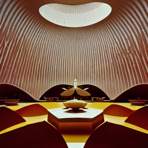 Image similar to interior of a futuristic lotus temple with gold, red and white marble panels, in the desert, by buckminster fuller and syd mead, intricate contemporary architecture, photo journalism, photography, cinematic, national geographic photoshoot