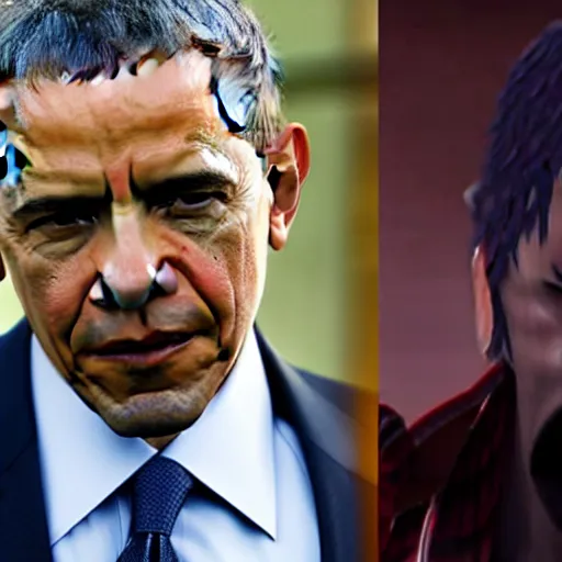 Image similar to Barak Obama as a character in Devil May Cry, film still, photorealistic, medium shot