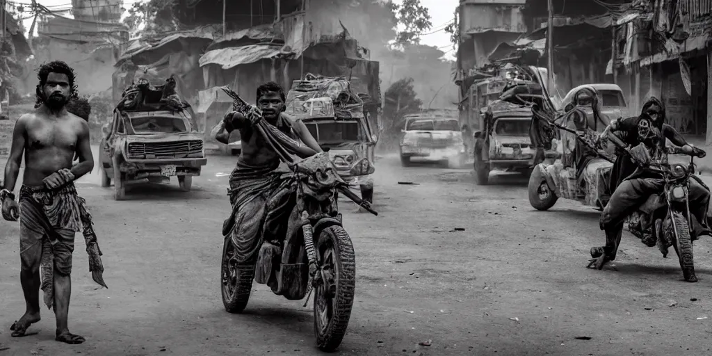 Prompt: sri lankan mad max style, city streets, film still, epic shot cinematography, rule of thirds