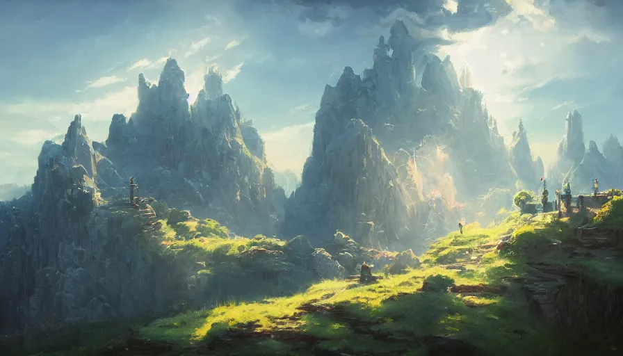Image similar to a beautiful painting of a crystal castle set on top of a cliff, sun shining light rays thorugh the clouds, andreas rocha, greg rutkowski, trending on artstation, blue color scheme