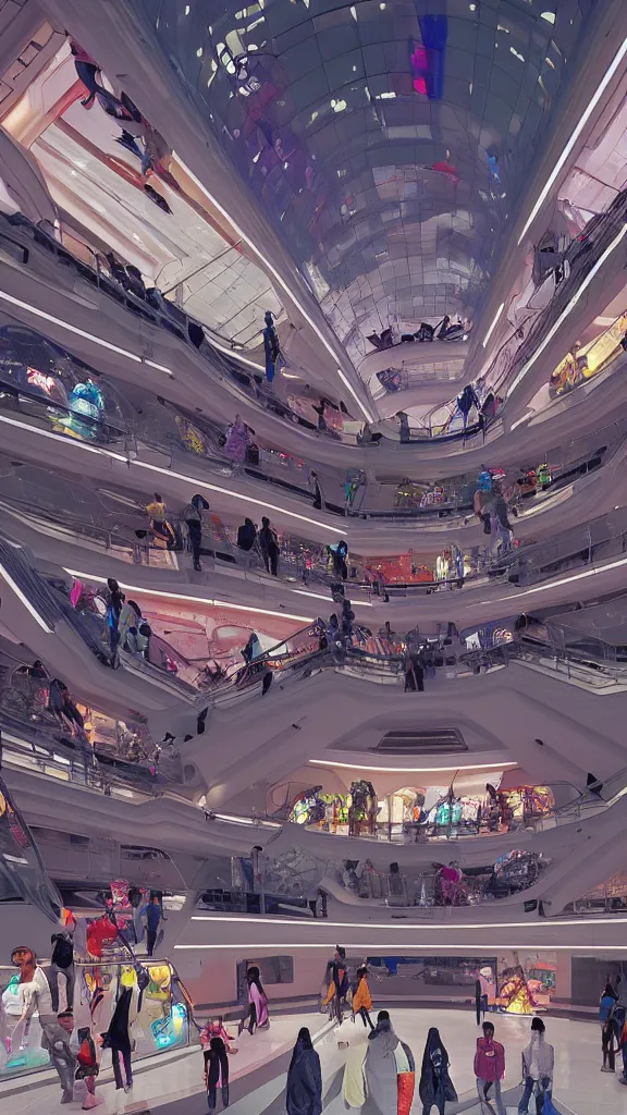 Image similar to interior of pristine intergalactic spaceship, department shopping mall, complex escalator system, futuristic glowing temple with fashion mannequins display, at night and cluster of shopping customers, by makoto shinkai, moebius!, oliver vernon, joseph moncada, damon soule, manabu ikeda, kyle hotz, dan mumford, by kilian eng