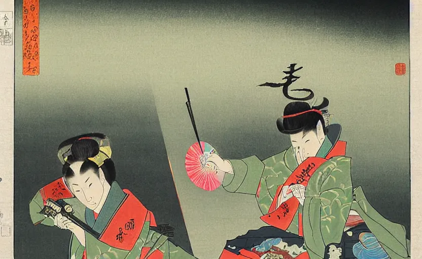 Prompt: a Japanese painting of the emperor of Japan shooting a laser gun