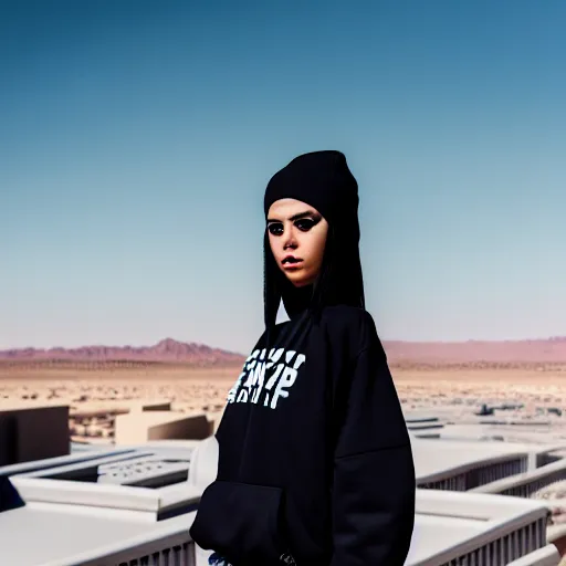 Image similar to photographic portrait of a streetwear woman, closeup, on the rooftop of a futuristic city overlooking a desert oasis, sigma 85mm f/1.4, 4k, depth of field, high resolution, 4k, 8k, hd, full color