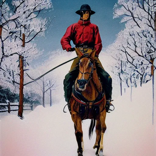 Image similar to a painting of a person on a horse in the snow, poster art by otomo katsuhiro, cgsociety, nuclear art, reimagined by industrial light and magic, official art, poster art