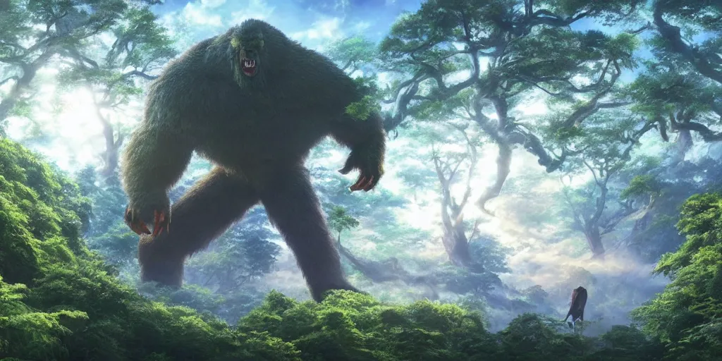 Image similar to giant monster rising from a forest. view from tree tops, 4 k, artgerm, high detail, dramatic lighting, sunset, hayao miyazaki, masashi ando, nizou yamamoto, kazuo oga, joe hisaishi, yoji takeshige, naoya tanaka