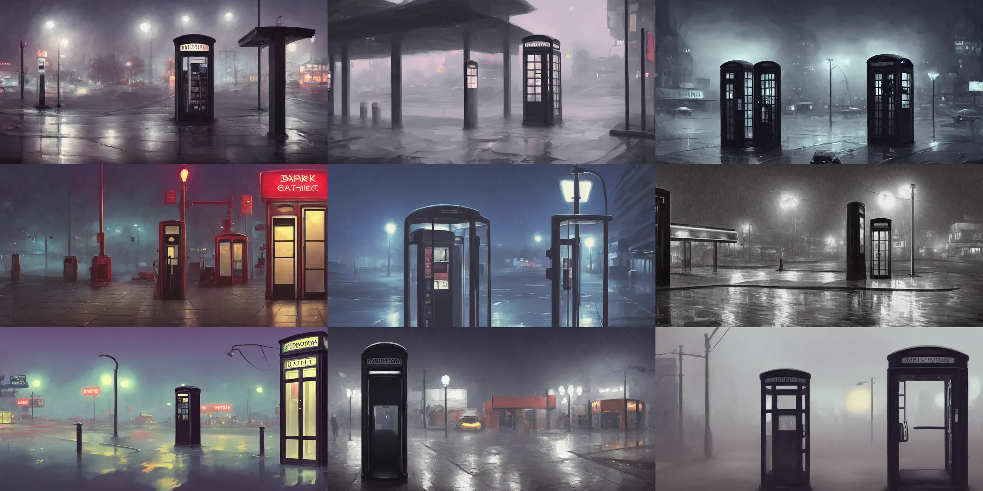 Prompt: dark, at night, panoramic view of a single phone booth on a rainy day, a 6 0 s gas station in the background, haze, behance hd by jesper ejsing, by rhads, makoto shinkai and lois van baarle, ilya kuvshinov, rossdraws global illumination, 4 k artstation, unreal engine