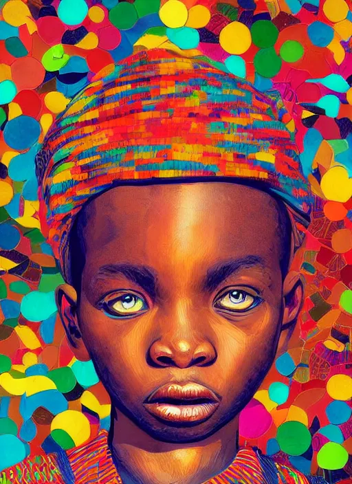 Image similar to colourful upper half portrait of an african boy - art by aya takano, magazine collage, highly detailed, digital painting, illustration, smooth, sharp focus, intricate, clustered, busy, pinterest, behance,