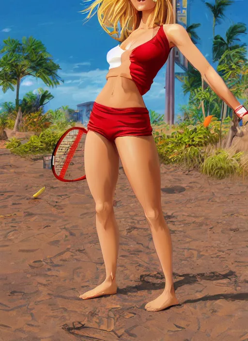 Image similar to , a gorgeous hulking woman with very long hip-length blonde hair, happy sunny day, wearing a cut-off white top and red dirt cut-off shorts standing by the water, beach tennis, modern architecture, in the style of artgerm and moebius and annie liebovitz, marvel comics, photorealistic, highly detailed, trending on artstation, Gediminas Pranckevicius