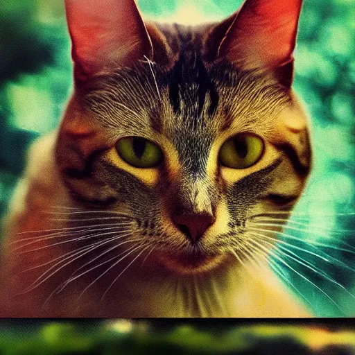 Prompt: professional photography, cat portrait with a forest double exposure, cross process