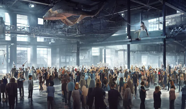 Image similar to large group people in simple warehouse, looking at hologram of futuristic downtown on a table, cinematic concept art, godrays, golden hour, natural sunlight, 4 k, clear details, tabletop model buildings, center model buildings, hologram center, crane shot, crane shot, crane shot, clear details, windows