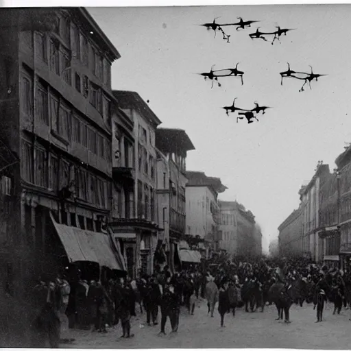 Image similar to grainy 1800s photo of a crowded city street with flying drones above