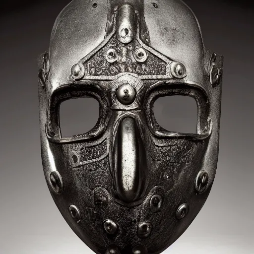 Image similar to photo portrait of 19 century brutal shiny metal face mask with fine detail engravings and runes cultist lord rich baron by Diane Arbus and Louis Daguerre