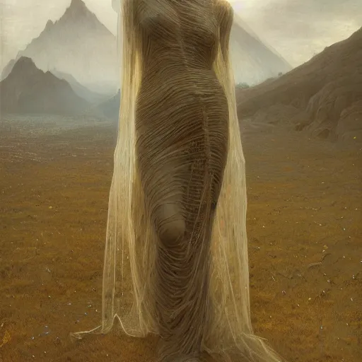 Image similar to woman, covered in transparent cloth, plastic, mountains, Masterpiece, glowing, wires everywhere, by Edgar Maxence and Ross Tran, Zdzisław Beksiński, and Michael Whelan, distant, gustav dore, H.R. Giger, 8k, octane render