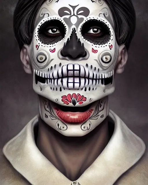 Image similar to dia de los muertos hombre theme surrealist art in the styles of igor morski, jim warren, and a tim burton film, intricate, hyperrealistic, accurate facial details, profile picture with chromakey!!!!! background, volumetric lighting