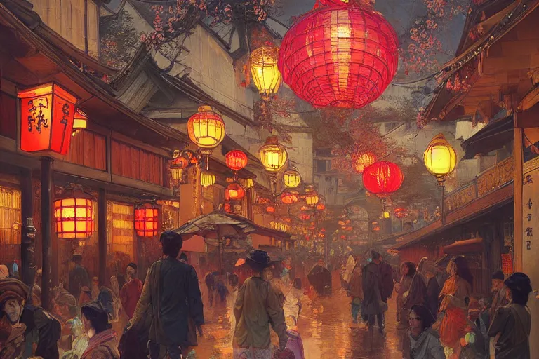 Image similar to a beautiful realistic painting of the lantern festival in old kyoto, neon colors, intricate, elegant, highly detailed, digital painting, artstation, concept art, by krenz cushart and artem demura and alphonse mucha