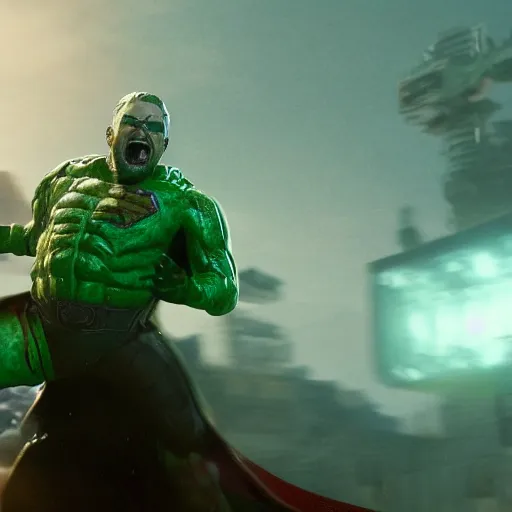 Image similar to pickle rick is flying as superman flying in ( gears of war ), splash art, movie still, detailed face, photorealistic facial features, cinematic lighting, dramatic, octane render, long lens, shallow depth of field, bokeh, anamorphic lens flare, 8 k, hyper detailed, 3 5 mm film grain