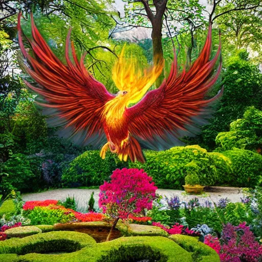 Image similar to a realistic depiction of a phoenix if it existed in real life inside a beautiful cottagecore styled garden outside the home of a rich king, national geographic, photography, high resolution