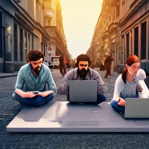 Image similar to a group of realistic bums on street using laptops with blender 3 d logotype on laptop, highly detailed, intricate, sharp focus, digital art, 8 k