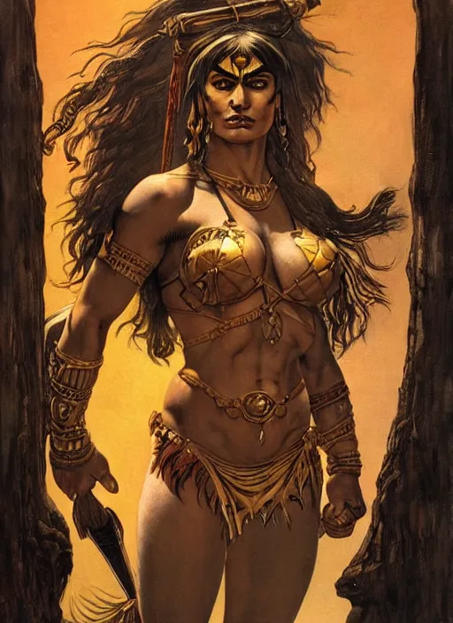Prompt: a highly detailed symmetrical painting of a female amazon warrior with piercing beautiful eyes in dark tomb setting, dynamic lighting, ambient lighting, deviantart, art by frank frazetta and glenn fabry