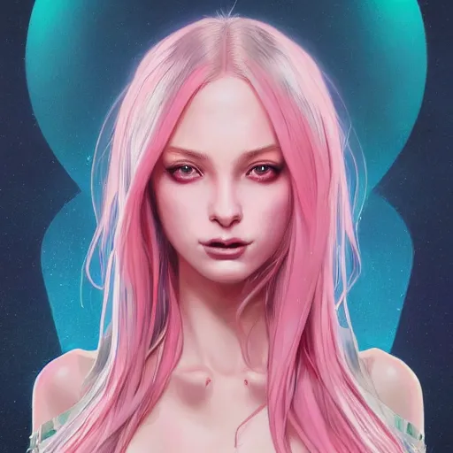 Image similar to portrait of beautiful symmetrical anime alien woman, pink hair, attractive, casual, modern, victoria's secret, highly detailed, digital painting, artstation, concept art, smooth, sharp focus, illustration, art by artgerm, greg rutkowski and alphonse mucha, 8 k,