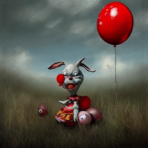 Prompt: grunge cartoon landscape painting of a cartoon bunny and a red balloon by - michal karcz, loony toons style, pennywise style, horror theme, detailed, elegant, intricate