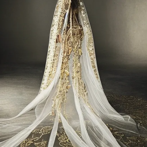 Image similar to a long wedding dress with a train made of flower petals made of light - colored fabric. transparent in places. in places, patterns of precious stones. intricate patterns of gold thin threads. fantasy. clear details