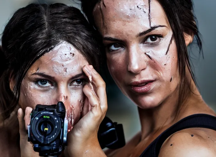Image similar to wide dslr photo still of lara croft, her face flushing and sweat, 8 k, 8 5 mm f 1. 4