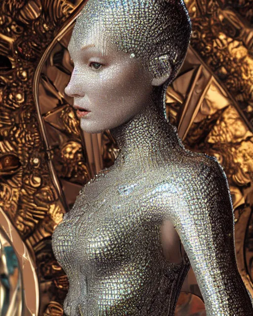 Image similar to a highly detailed metahuman 4 k close up render of an alien goddess bella hadid monument sacred in iris van herpen dress schiaparelli in diamonds crystals swarovski and jewelry iridescent in style of alphonse mucha gustav klimt trending on artstation made in unreal engine 4