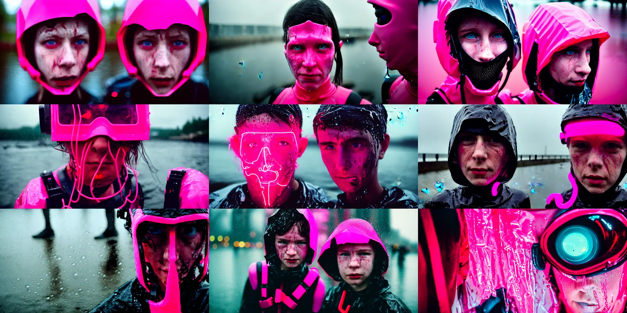 Prompt: cinestill 5 0 d candid photographic portrait by helen levitt of a evil looking cyborg wearing rugged neon pink mesh techwear in treacherous waters, extreme closeup, modern cyberpunk moody depressing cinematic, pouring rain, the world is on fire, 8 k, hd, high resolution, 3 5 mm, f / 3 2, ultra realistic faces, ex machina