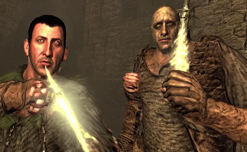 Image similar to Adam Sandler as a character in the PC video game Gothic 1, screenshot