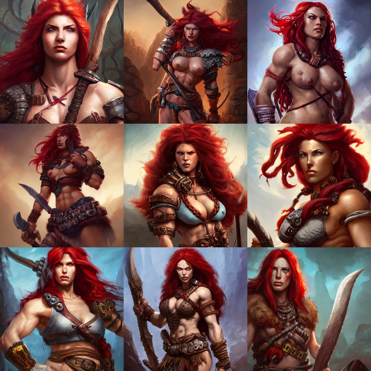 Prompt: Portrait of a female barbarian with long flowing red hair, muscular, cover art, ultra wide lens shot, pretty, beautiful, DnD character art portrait, matte fantasy painting, DeviantArt Artstation, by Jason Felix by Steve Argyle by Tyler Jacobson by Peter Mohrbacher, cinematic lighting, unreal engine, octane render, realistic lighting