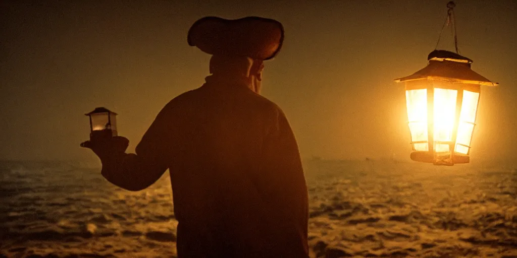 Image similar to film still of closeup old man holding up lantern by his beach hut at night. pirate ship in the ocean by emmanuel lubezki