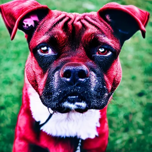 Image similar to ultra detailed photo of a demonic dog with red fur