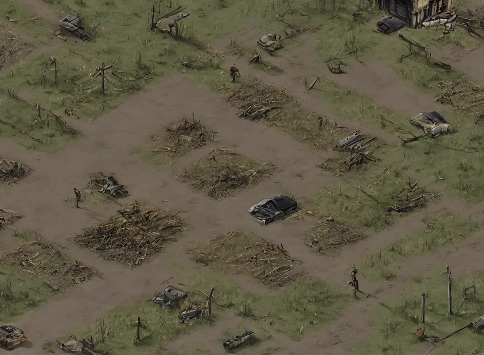 Image similar to Screenshot of a abandoned dead cornfield with a road going across it in Fallout 2 (1998), isometric perspective, postapocalyptic, bird's eye view, prerendered isometric graphics, high quality