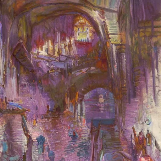 Image similar to the bridge of sighs in the style of vrubel, pastel colors, chiaroscuro, bleached colors, cold shades, perfect beautiful, palette knife