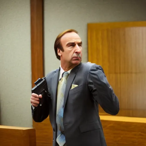 Image similar to saul goodman holding a handgun inside a courtroom, wide shot