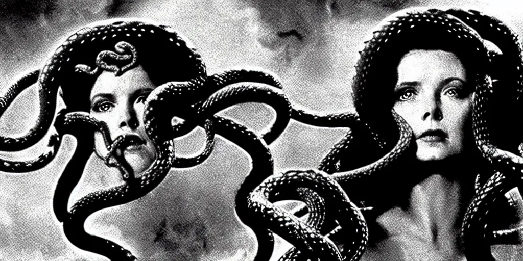 Image similar to medusa, with small snakes for hair, still from the movie the thing ( 1 9 8 1 )