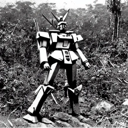 Image similar to a 1900s photo of a gundam found abandoned in a cambodian forest,