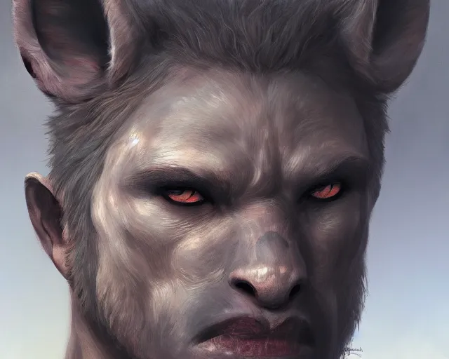 Image similar to A detailed matte oil on canvas head on symmetrical portrait of a man with the head of a hyena wearing heavy armor by Charlie bowater, Lise Deharme, Wlop, trending on artstationhd, dungeons and dragons art, critical role