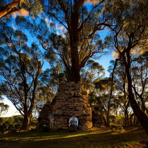 Image similar to Beautiful photo of a interesting ancient stone ruin in an Australian forest, little remaining, golden hour photography, sun hidden, blue sky, trees in the background, wallpaper, 4k