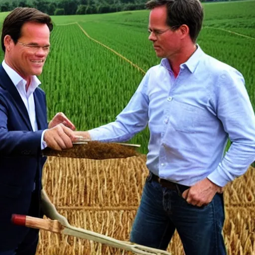 Prompt: Mark Rutte as farmer holding a pitchfork