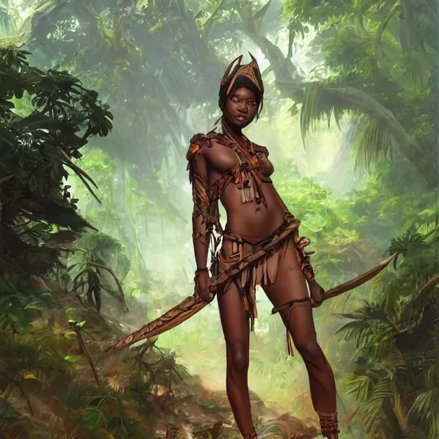 Image similar to a female tribal warrior in the jungle, african. By Makoto Shinkai, Stanley Artgerm Lau, WLOP, Rossdraws, James Jean, Andrei Riabovitchev, Marc Simonetti, krenz cushart, Sakimichan, trending on ArtStation, digital art.