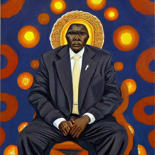 Image similar to a painting of a round face, XXL, Loving, caring, generous, ever-present, humble, wise elder from Kenya in a suit by Kehinde Wiley . Fatherly/daddy, focused, loving, leader, relaxed,. ethereal lights, details, smooth, sharp focus, illustration, realistic, cinematic, artstation, award winning, rgb , unreal engine, octane render, cinematic light, macro, depth of field, blur, red light and clouds from the back, highly detailed epic cinematic concept art CG render made in Maya, Blender and Photoshop, octane render, excellent composition, dynamic dramatic cinematic lighting, aesthetic, very inspirational, arthouse.