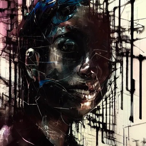 Image similar to a cyberpunk noir detective, skulls, wires cybernetic implants, machine noir grimcore in cyberspace photoreal, atmospheric by jeremy mann francis bacon and agnes cecile, ink drips paint smears digital glitches