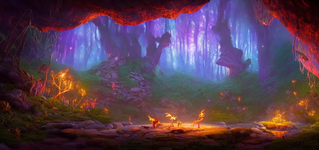 Prompt: beautiful view of inside a nightime magical forest cave, magical sparkling fairy dust, unreal engine, dramatic lighting, ultra detailed, sharp, ambient occlusion, bloom, fireflies, glowing firebugs, global illumination, light rays, raytracing, vibrant, vivid colors, 3 d artstation render, by noah bradley and jordan grimmer